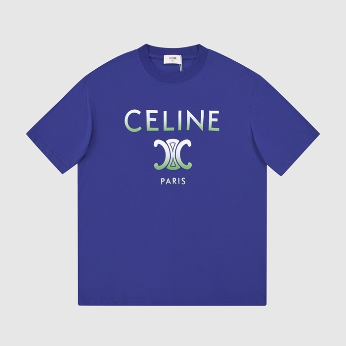 セリーヌユニセックスクルーネックブルー半袖Tシャツl0233