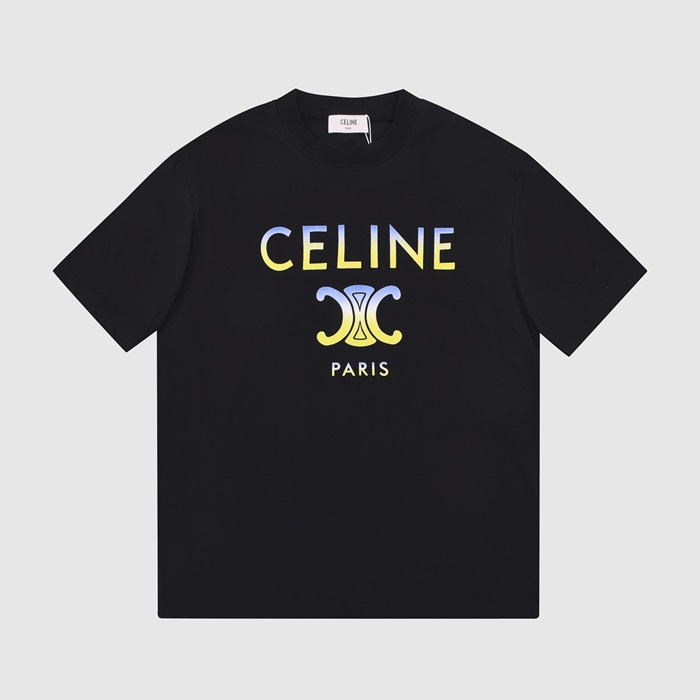 セリーヌユニセックスクルーネックブラック半袖Tシャツl0234