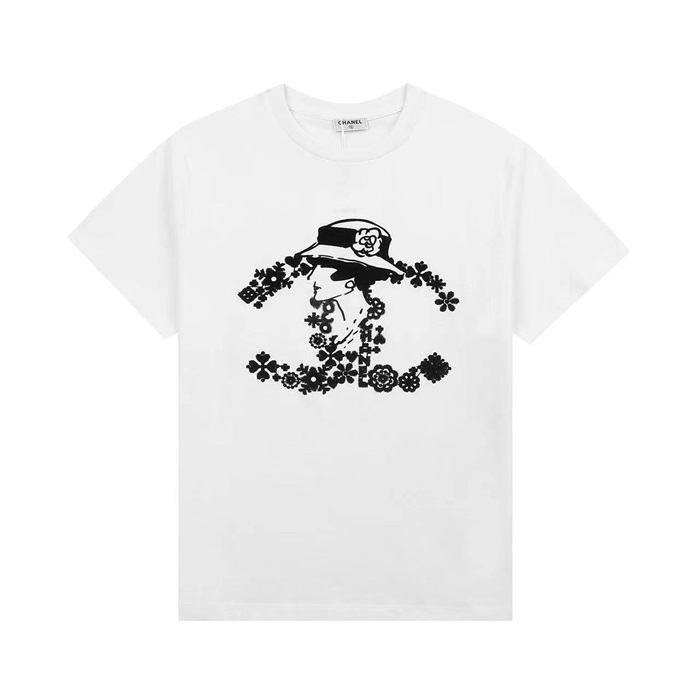 シャネルレディースクルーネックホワイト半袖Tシャツl0866
