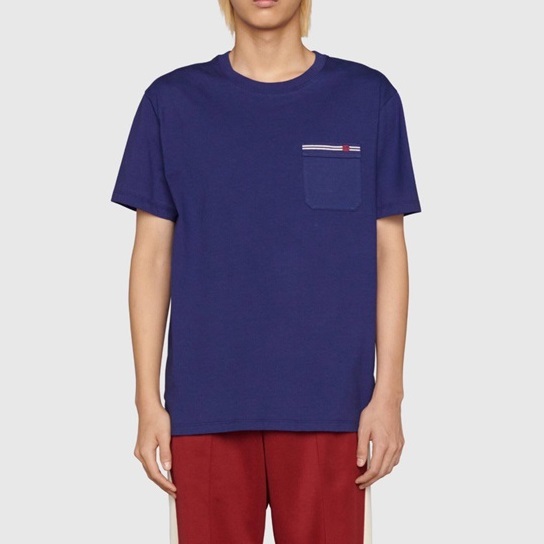 グッチメンズクルーネックブルー半袖Tシャツc04712