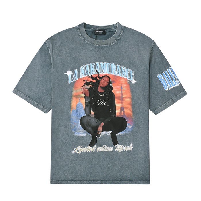 バレンシアガメンズクルーネックブルー半袖Tシャツl01383