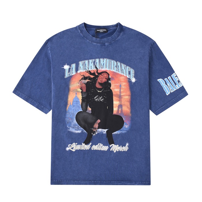 バレンシアガメンズクルーネックブルー半袖Tシャツl01384