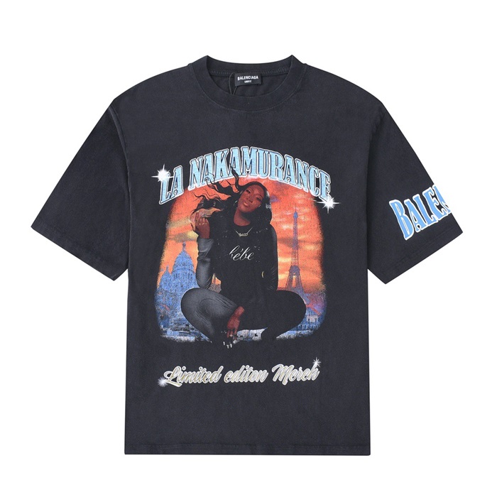 バレンシアガメンズクルーネックブラック半袖Tシャツl01385