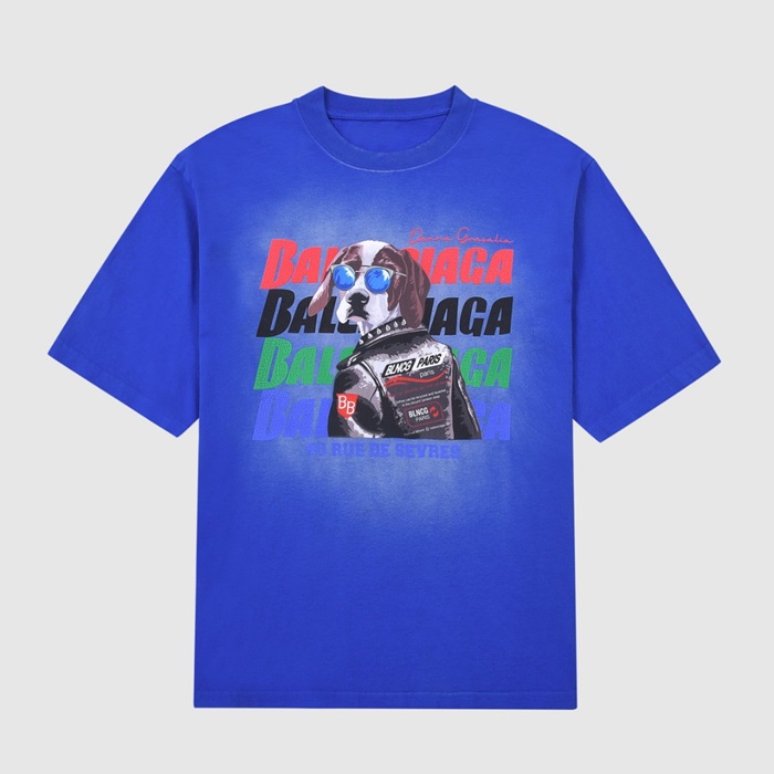 バレンシアガメンズクルーネックブルー半袖Tシャツl01388