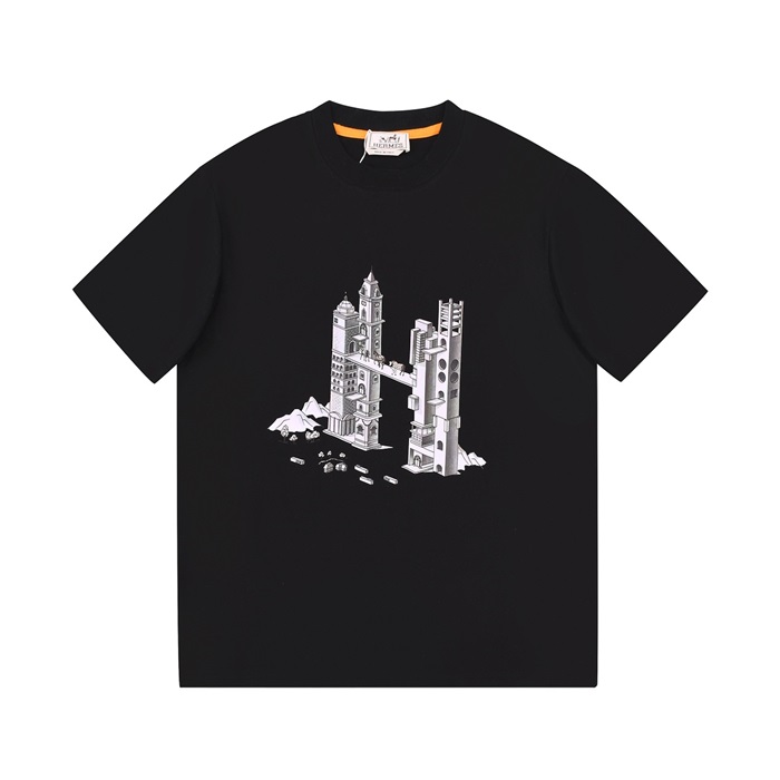 エルメスメンズブラッククルーネック半袖Tシャツr0747