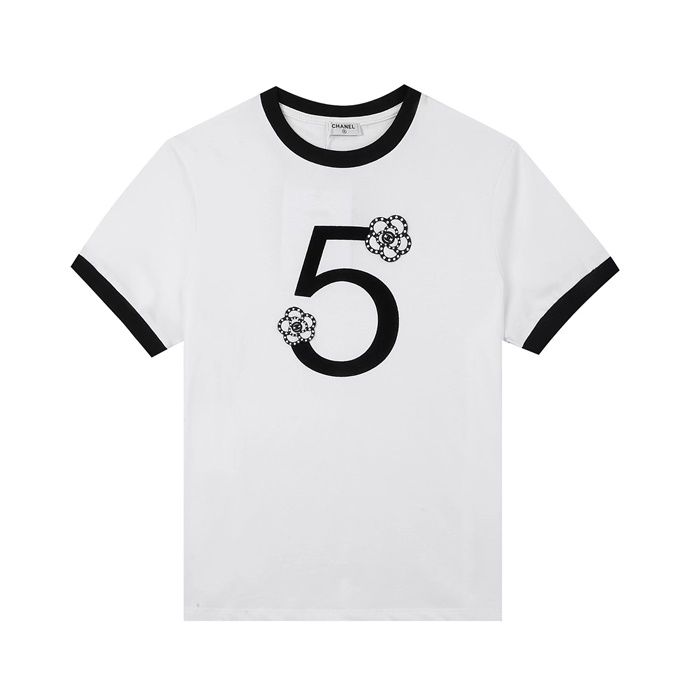 シャネルレディースクルーネックホワイト半袖Tシャツl0882