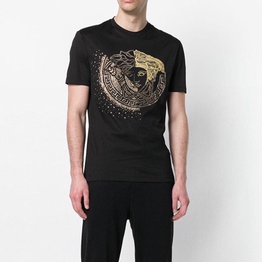 ヴェルサーチェメンズブラッククルーネック半袖Tシャツr0894