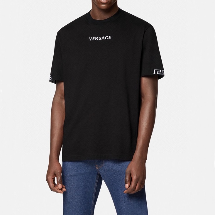 ヴェルサーチェメンズブラッククルーネック半袖Tシャツr0896