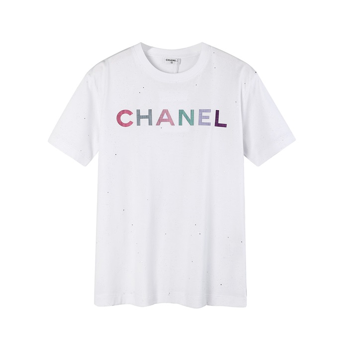 シャネルユニセックスクルーネックホワイト半袖Tシャツl0885