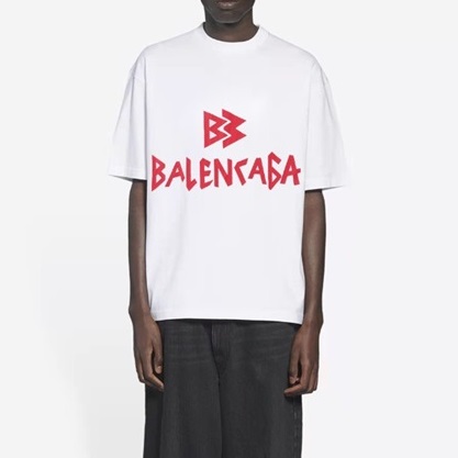 バレンシアガメンズホワイトクルーネック半袖Tシャツl01409