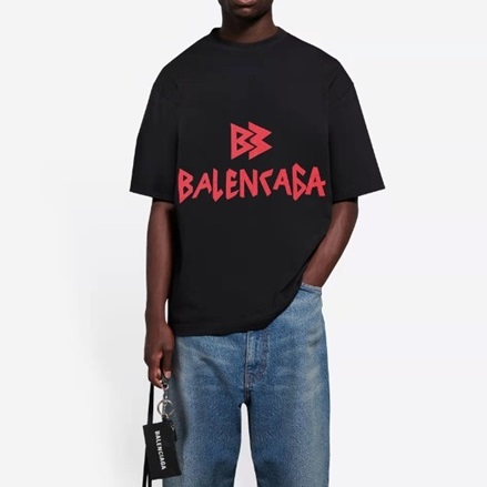 バレンシアガメンズブラッククルーネック半袖Tシャツl01411