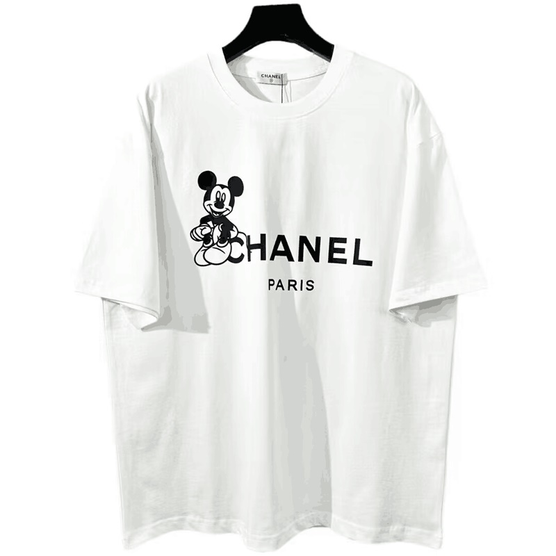 シャネルユニセックスクルーネックホワイト半袖Tシャツl0887