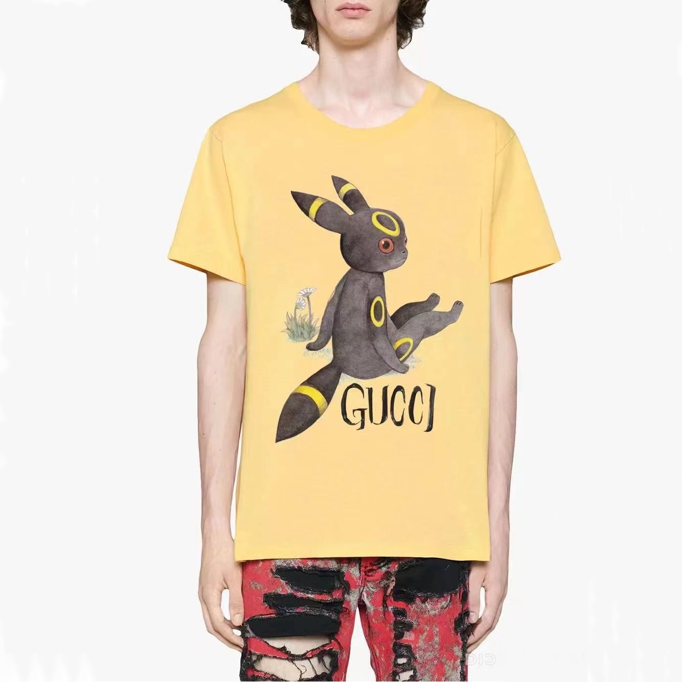 グッチメンズクルーネックイエロー半袖Tシャツc04763