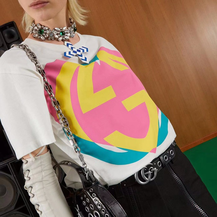 グッチユニセックスクルーネックホワイト半袖Tシャツc04807