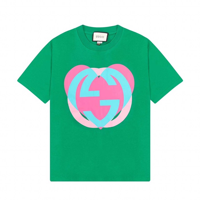 グッチユニセックスクルーネックグリーン半袖Tシャツc04808
