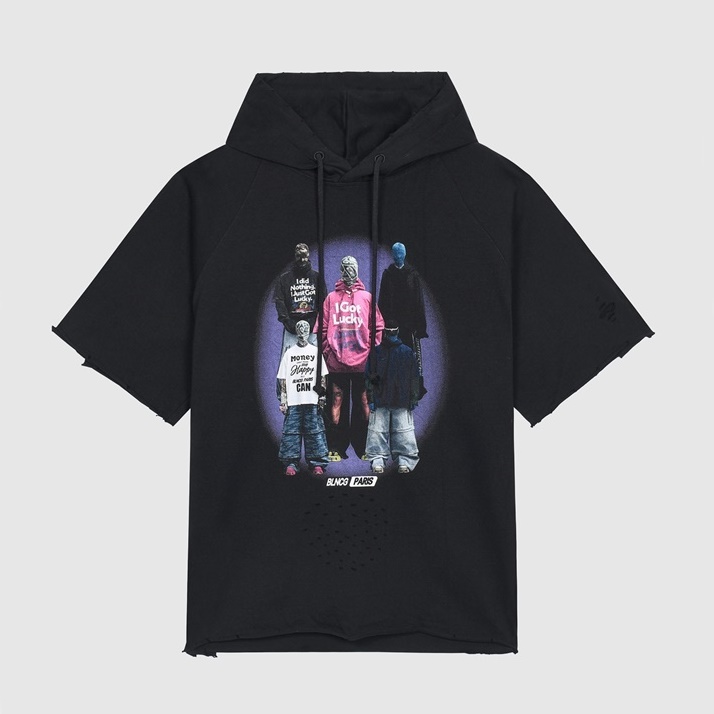 バレンシアガメンズブラックフード半袖Tシャツl01489