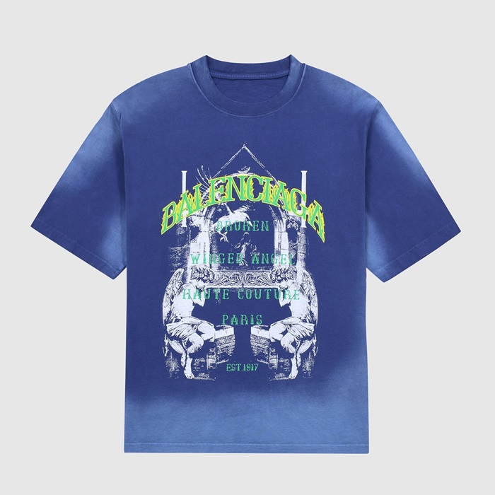 バレンシアガメンズクルーネックブルー半袖Tシャツl01496