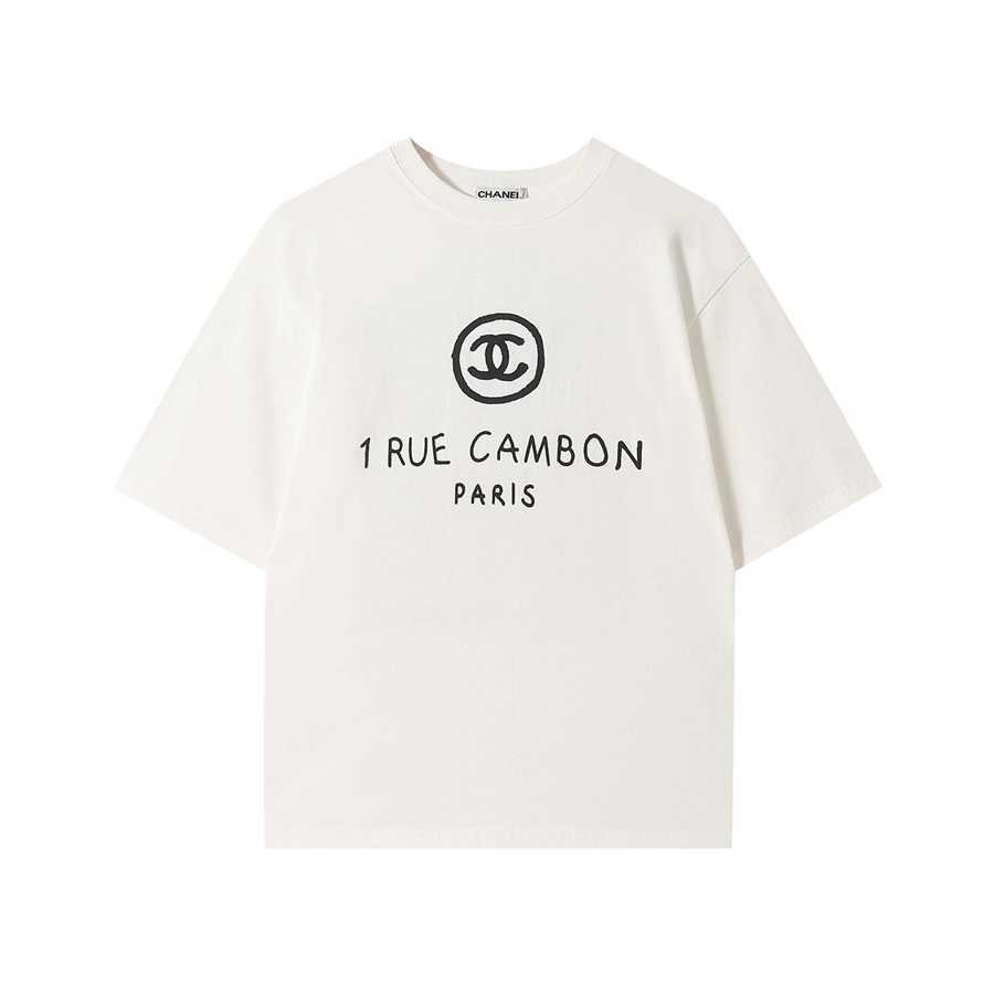 シャネルユニセックスクルーネックホワイト半袖Tシャツl0898