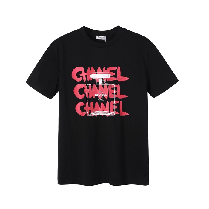 シャネルユニセックスクルーネックブラック半袖Tシャツl0900