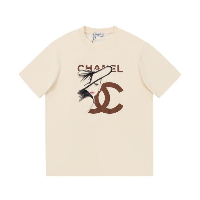 シャネルユニセックスクルーネックアイボリー半袖Tシャツl0907
