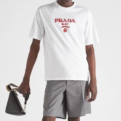 プラダユニセックスクルーネックホワイト半袖Tシャツa02737