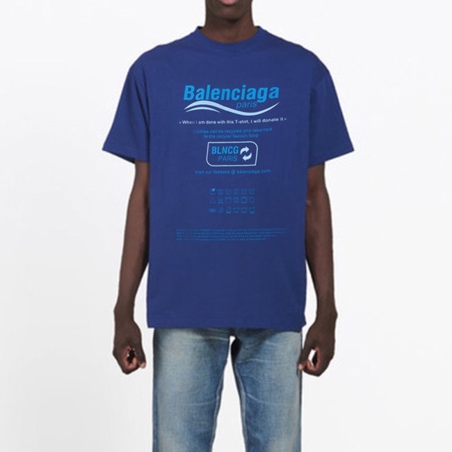 バレンシアガメンズクルーネックブルー半袖Tシャツl01620