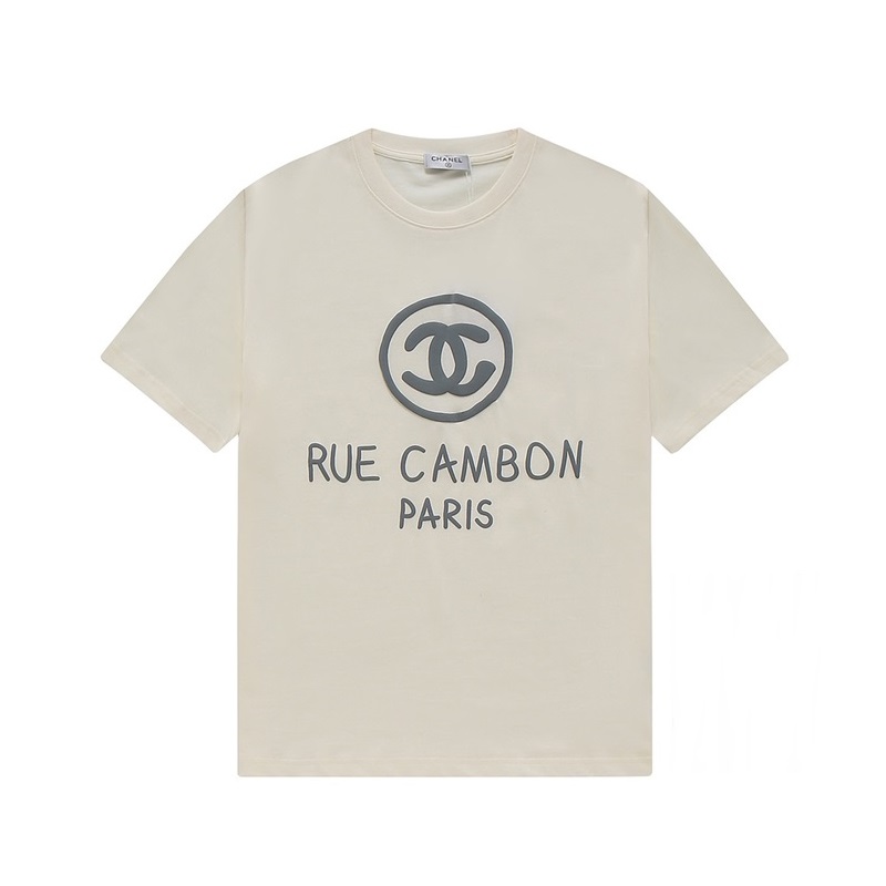 シャネルユニセックスクルーネックアイボリー半袖Tシャツl0911