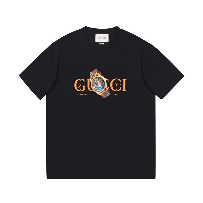 グッチユニセックスブラッククルーネック半袖Tシャツc05043