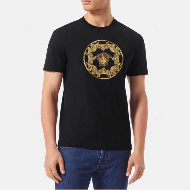 ヴェルサーチェメンズブラッククルーネック半袖Tシャツr0920