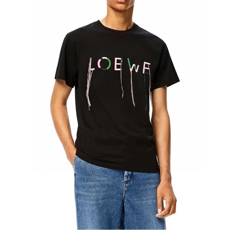 ロエベユニセックスイニシャルブラック半袖Tシャツe0639