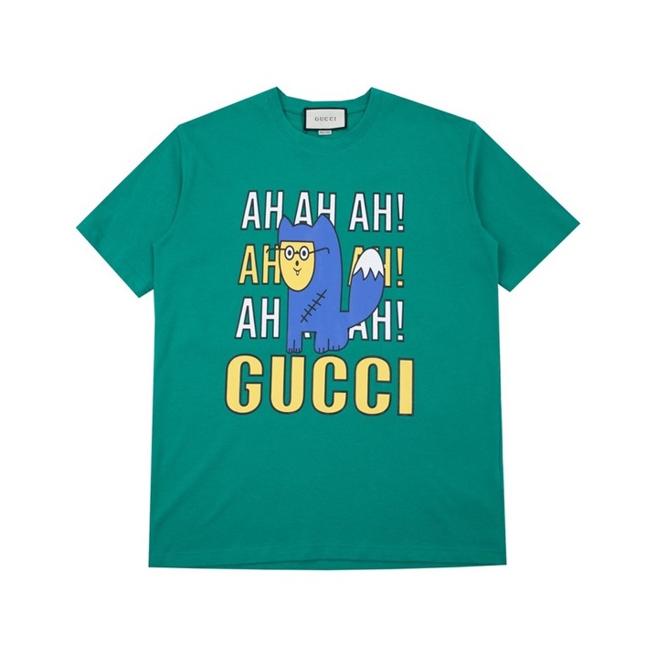 グッチユニセックスグリーンクルーネック半袖Tシャツc05079