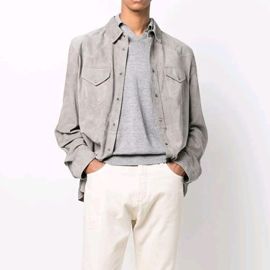 ブルネロクチネリメンズカジュアルグレーシャツu003