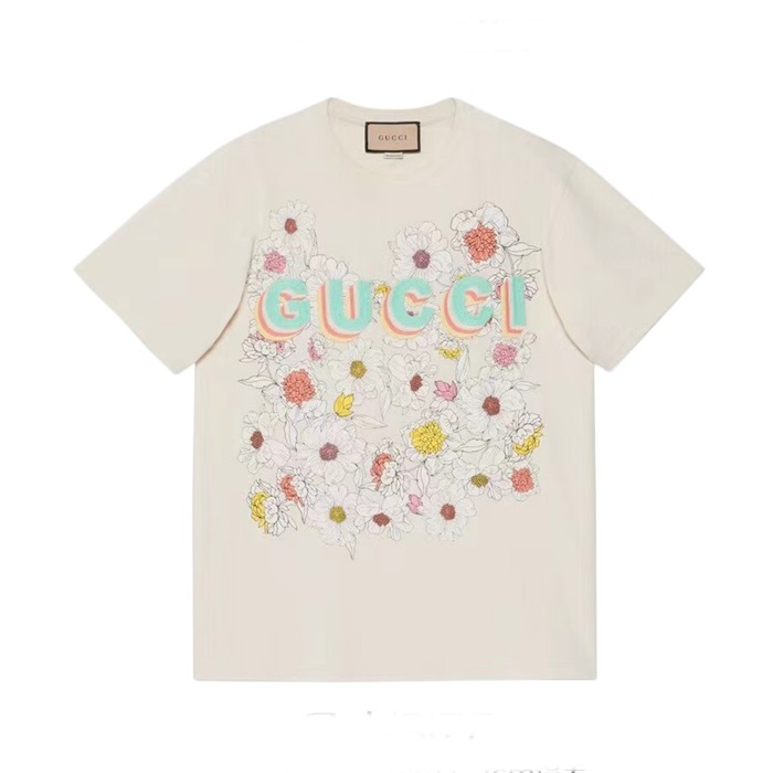 グッチユニセックスホワイトクルーネック半袖Tシャツc05107