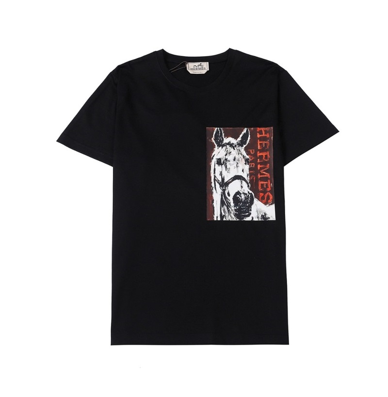 エルメスメンズブラッククルーネック半袖Tシャツr0889