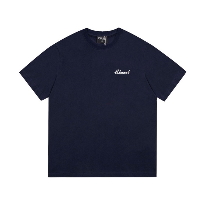 シャネルユニセックスクルーネックネイビー半袖Tシャツl0930
