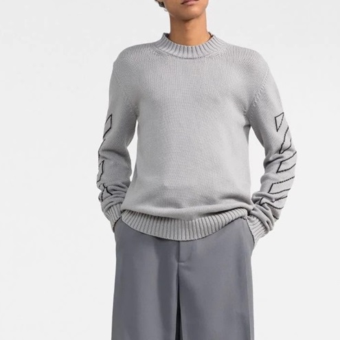 オフホワイトメンズグレークルーネックニットf0846