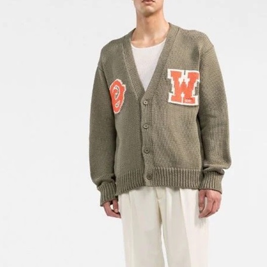 オフホワイトメンズネックグリーンカーディガンf0850