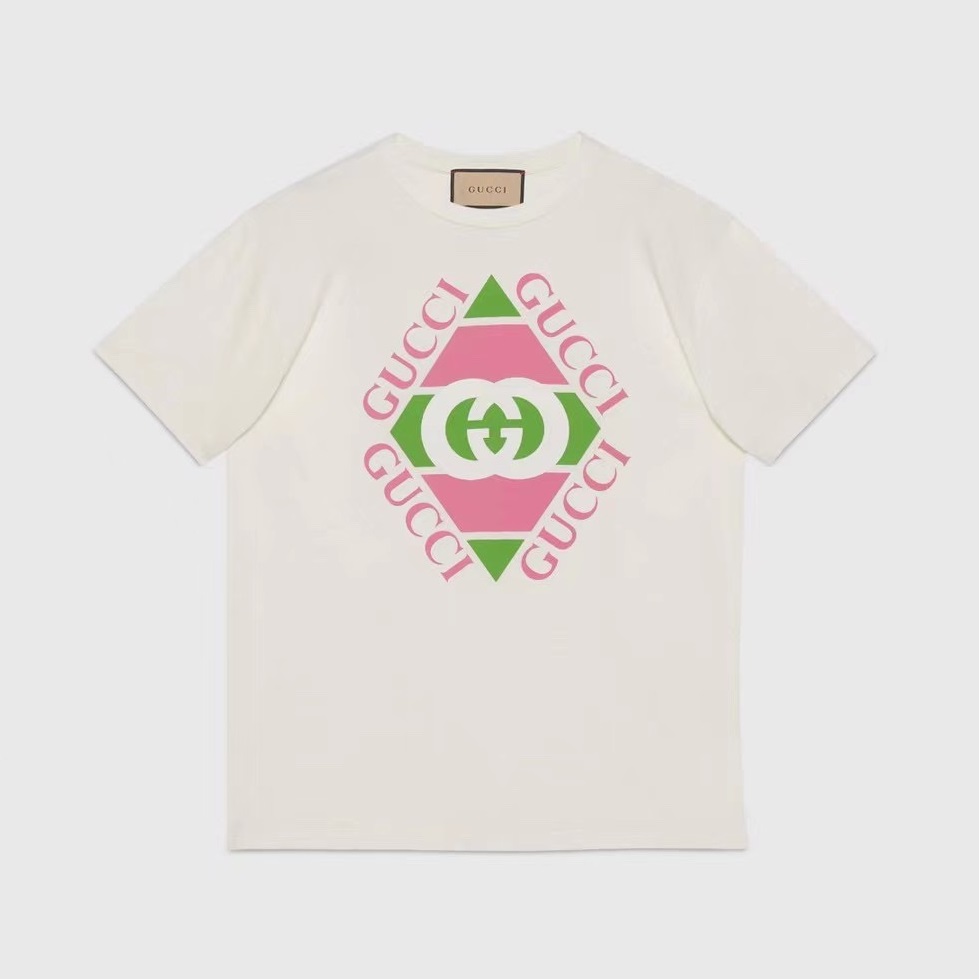 グッチユニセックスホワイトクルーネック半袖Tシャツc05254