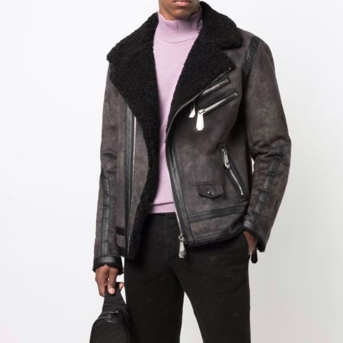 フィリッププレインメンズグレーレザージャケットi0173