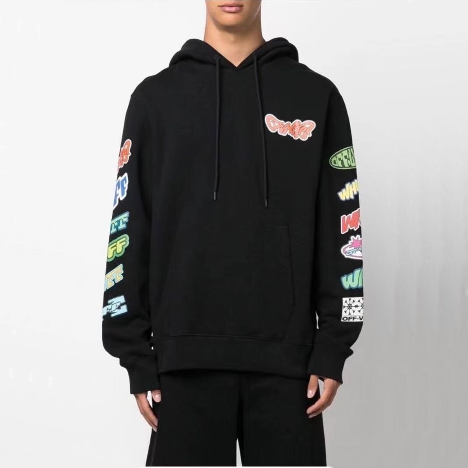 オフホワイトメンズブラックフーディf0881