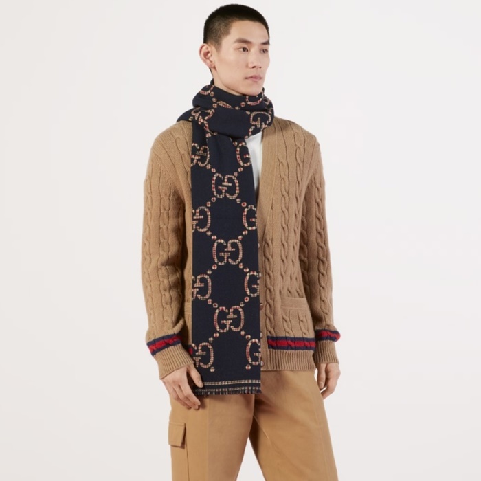 グッチメンズブルーマフラーu114