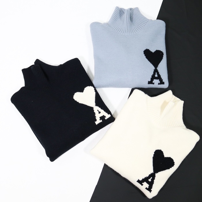 アミユニセックスブラックタートルネックニットi0316