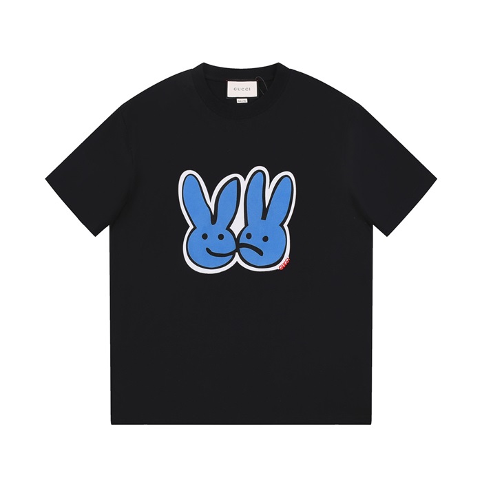 グッチユニセックスブラッククルーネック半袖Tシャツu164