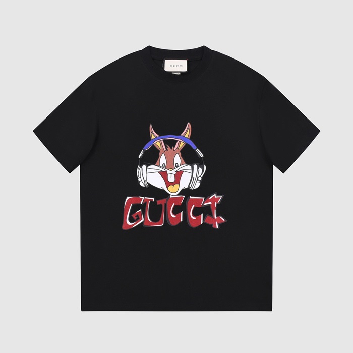 グッチユニセックスブラッククルーネック半袖Tシャツu174