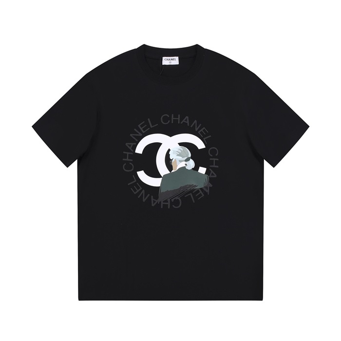 シャネルユニセックスクルーネックブラック半袖Tシャツh49