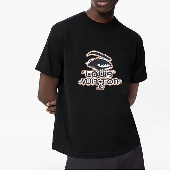 ルイヴィトンメンズブラッククルーネック半袖Tシャツv434