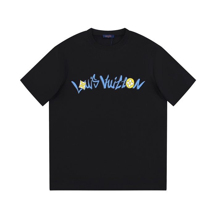 ルイヴィトンメンズブラッククルーネック半袖Tシャツv437