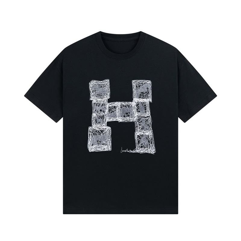 エルメスメンズブラッククルーネック半袖Tシャツe50