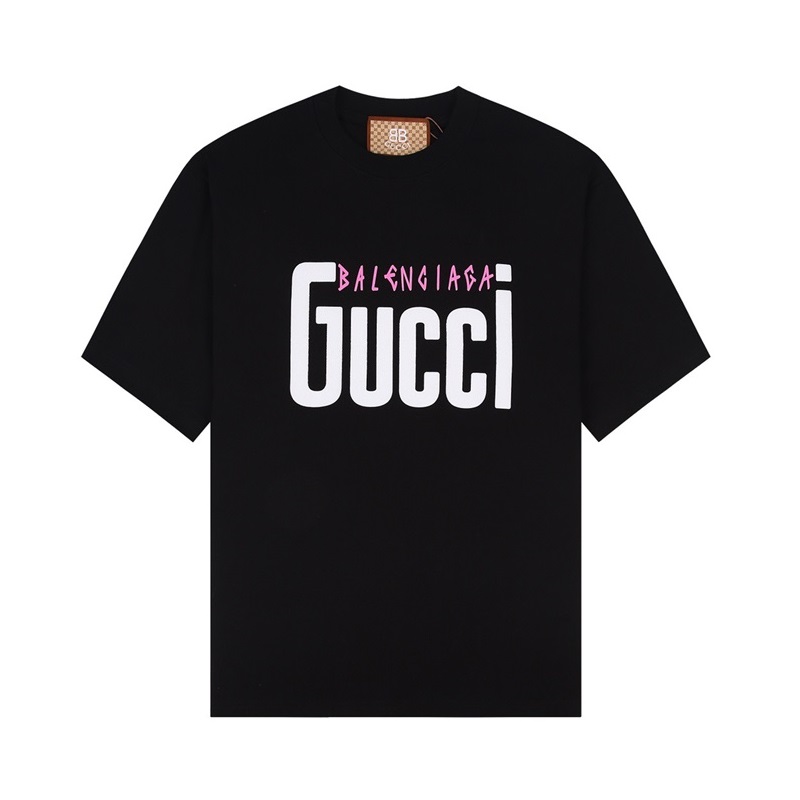 グッチユニセックスブラッククルーネック半袖Tシャツu219