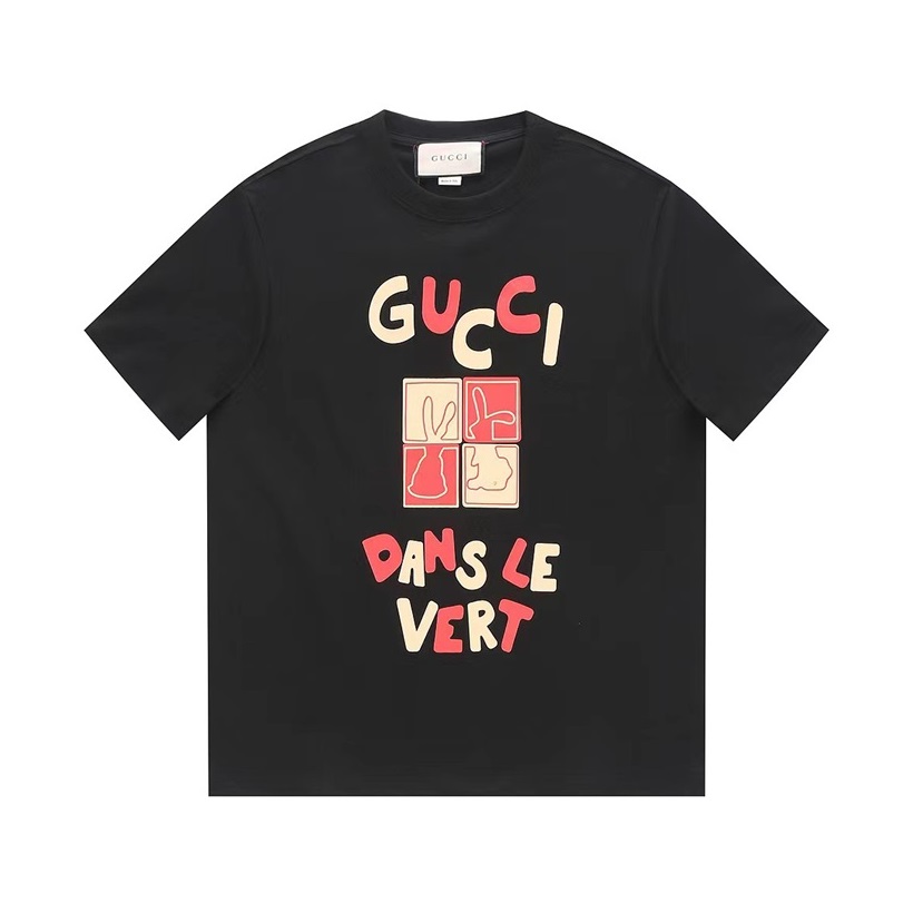 グッチユニセックスブラッククルーネック半袖Tシャツu65